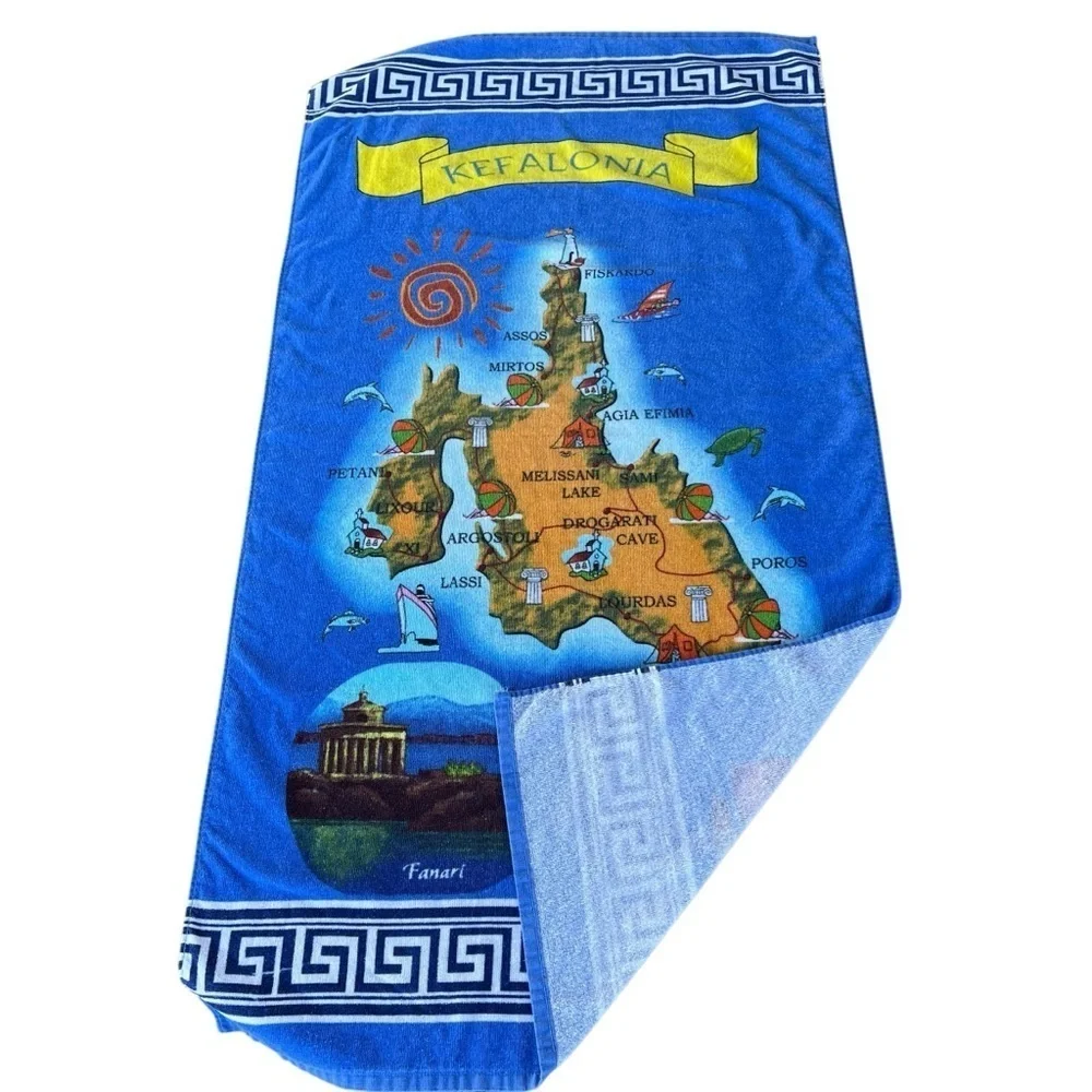 Kefalonia Greece Island Map Beach Towel Greek Key 100% Cotton 30x57 Souvenir